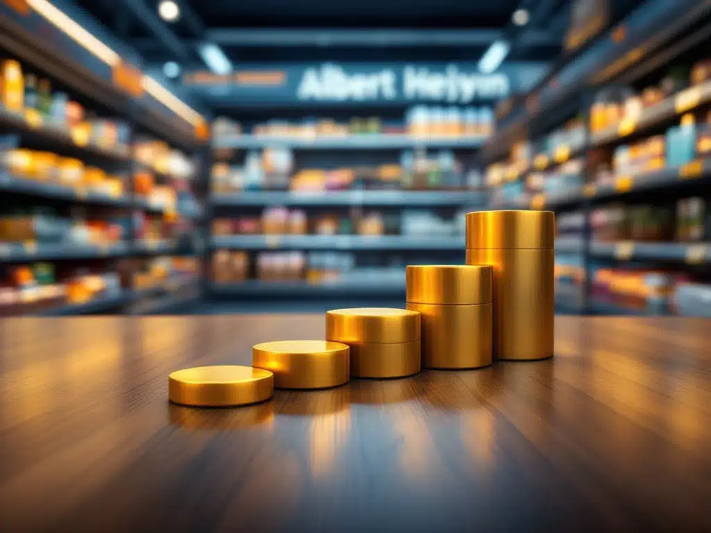 Zeven gouden stapstenen op houten tafel met Albert Heijn winkelschap op achtergrond, symboliseert retail succes
