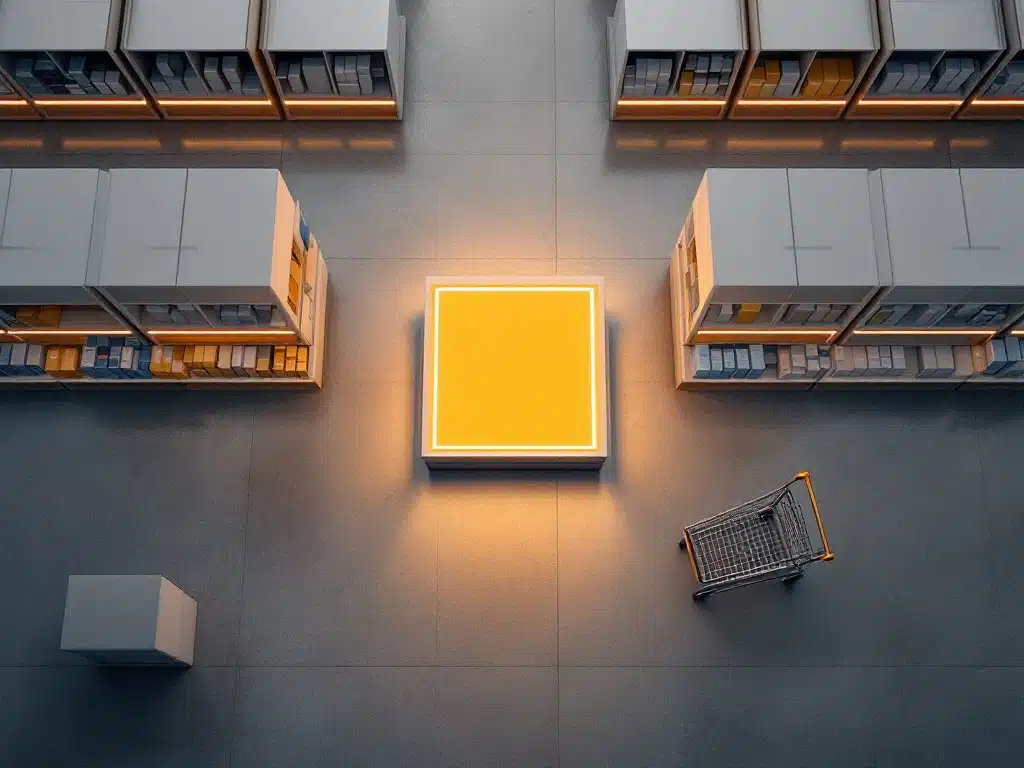 Lege winkelplank met gouden verlichting tussen gevulde schappen in moderne retailwinkel, bovenaanzicht