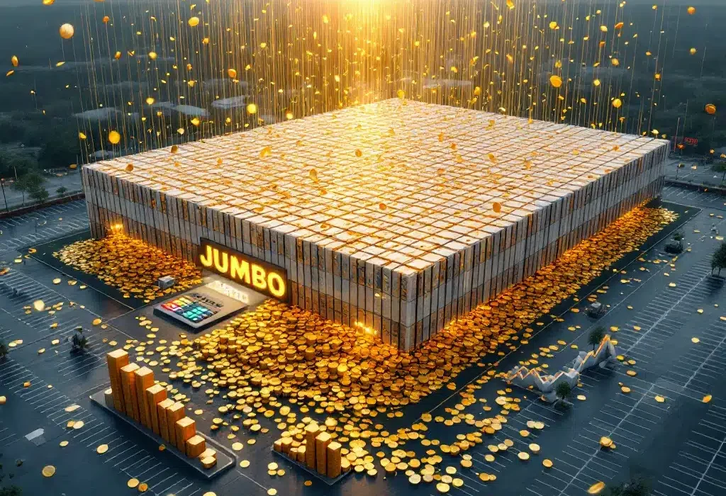 Luchtfoto van moderne Jumbo supermarkt omringd door stapels eurobiljetten, gouden munten en glazen grafieken