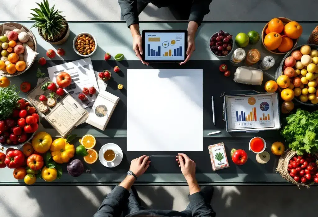 Glazen vergadertafel met voorstel document omringd door verse supermarktproducten, tablet met grafieken en pen