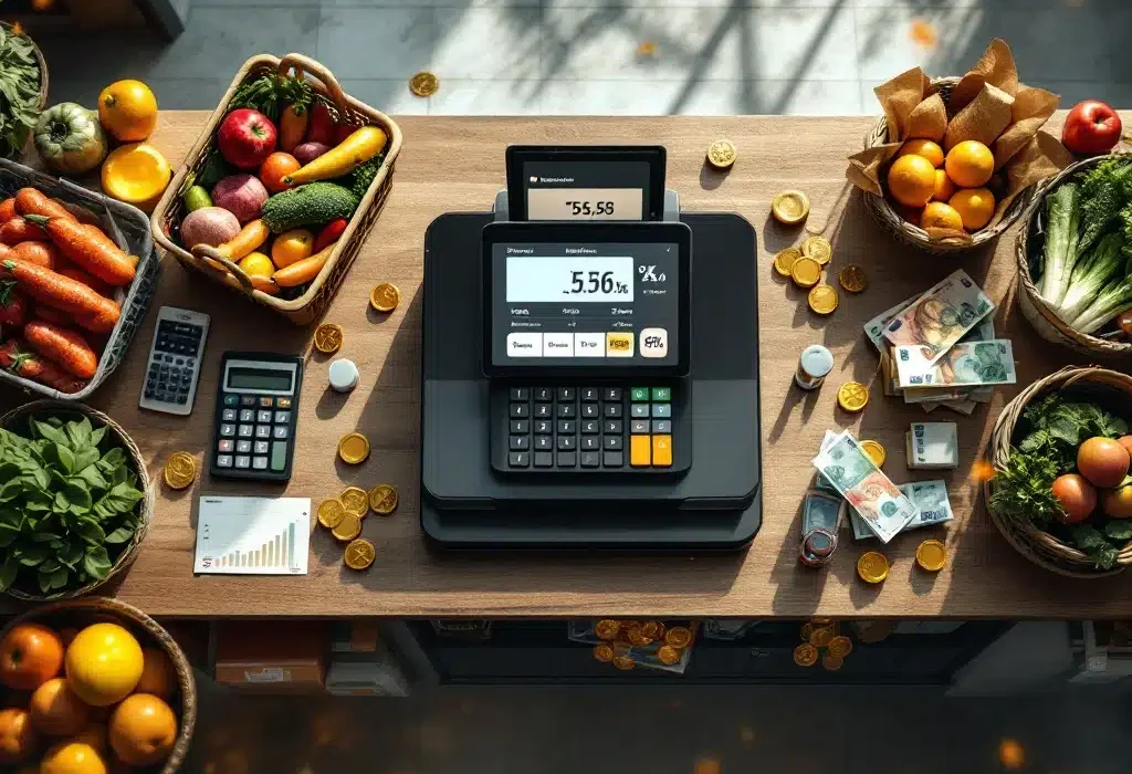 Moderne kassabalie met digitale kassa die winstmarges toont, omringd door producten, euro's en financiële grafieken