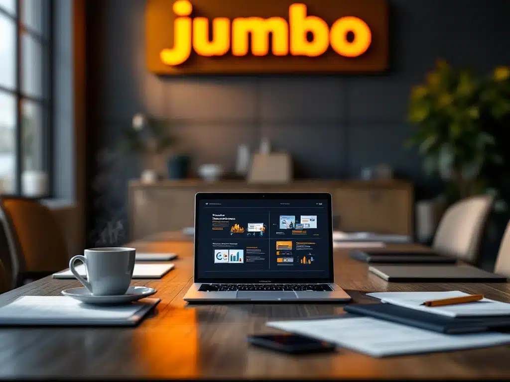 Moderne vergadertafel met laptop en presentatie, koffie en documenten, Jumbo logo op achtergrond