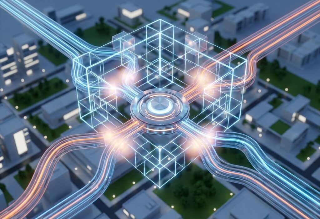 Luchtfoto van zakelijk netwerkvisualisatie met verlichte kanalen die convergeren naar centrale hub in 3D-rasterstructuur