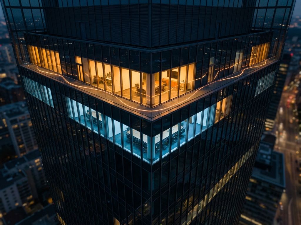Luchtfoto van moderne kantoorgebouw met verlichte vergaderzalen en directiekantoren achter glazen gevels