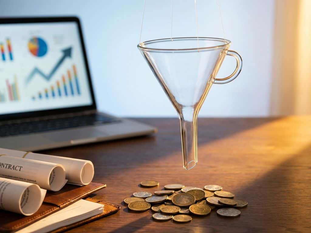 Lege glazen sales funnel boven bureau met munten, documenten en laptop met grafieken op achtergrond
