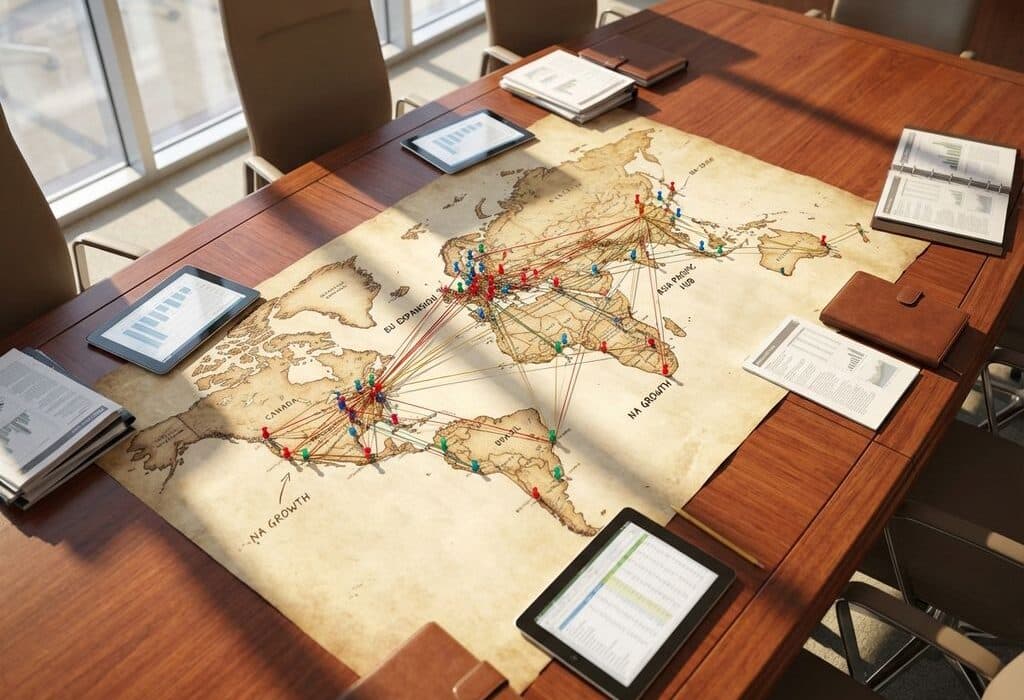 Luchtfoto van houten vergadertafel met wereldkaart, gekleurde punaises en touwtjes die internationale uitbreidingsroutes tonen