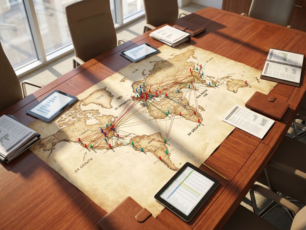 Luchtfoto van houten vergadertafel met wereldkaart, gekleurde punaises en touwtjes die internationale uitbreidingsroutes tonen