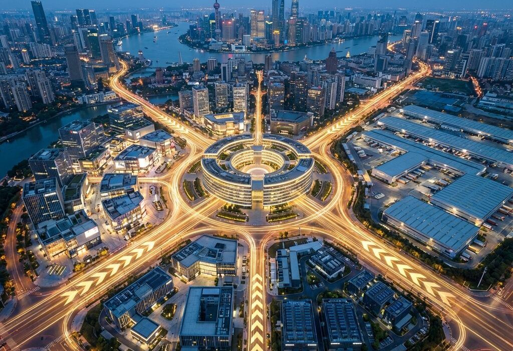 Luchtfoto van moderne kantoorgebouwen verbonden door gouden lichtstromen die convergeren naar centraal bedrijfshub