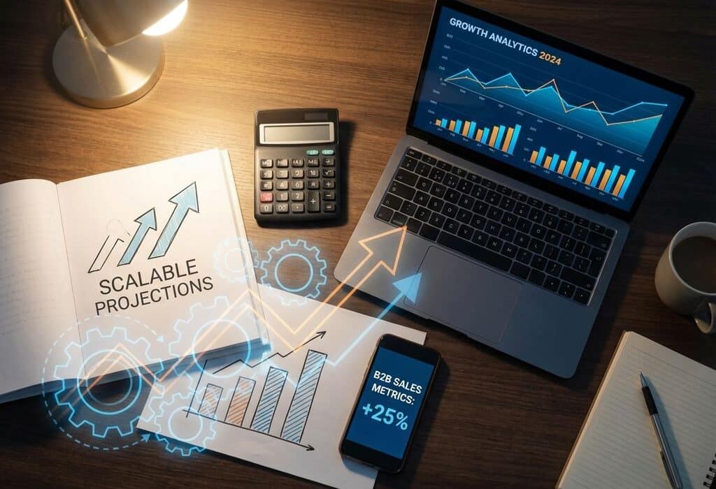 Moderne zakenman bureau met laptop met groeigrafieken, calculator, documenten en smartphone met B2B verkoopcijfers