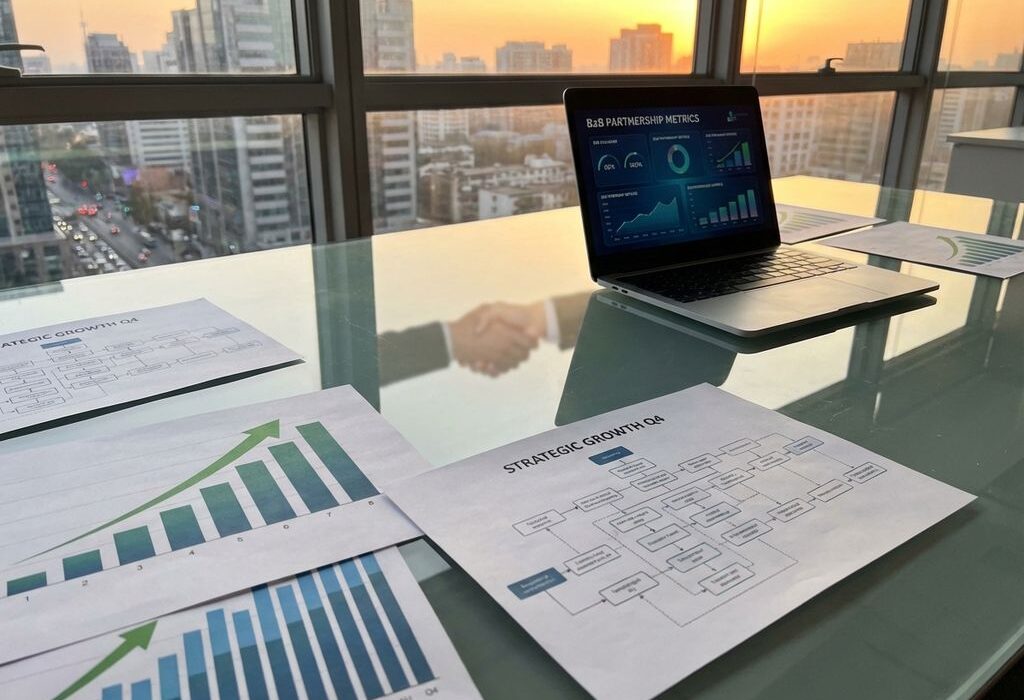 Glazen vergadertafel met groeidiagrammen, laptop met B2B-dashboard en handdruk reflectie in moderne kantooromgeving