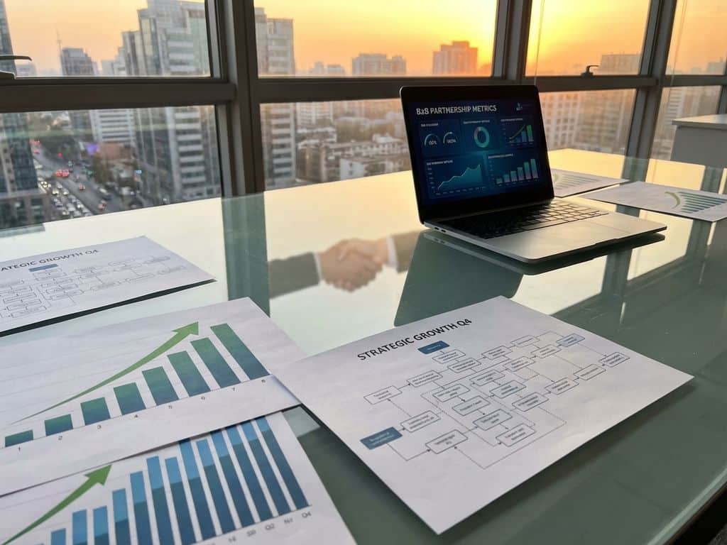 Glazen vergadertafel met groeidiagrammen, laptop met B2B-dashboard en handdruk reflectie in moderne kantooromgeving