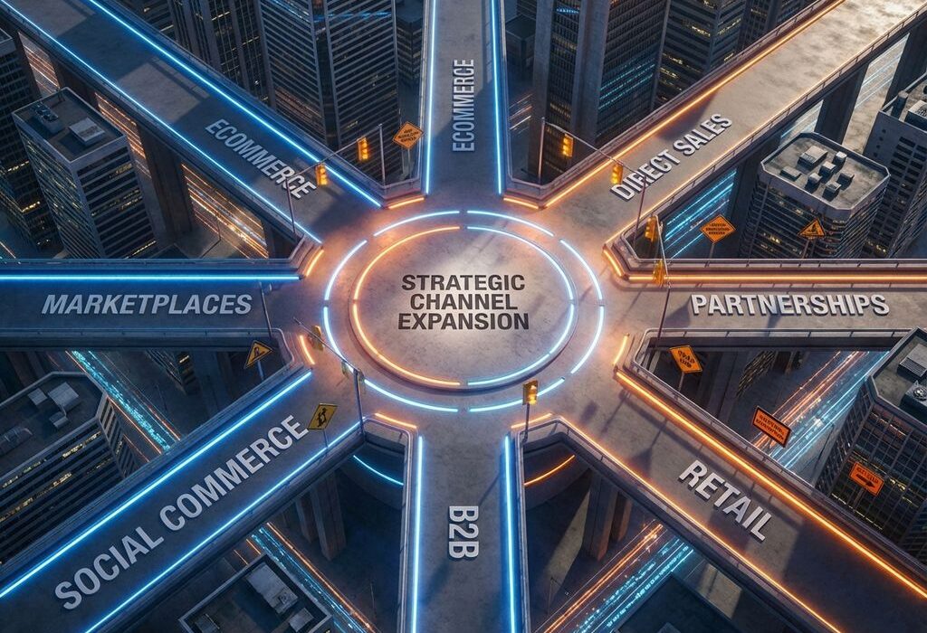 Moderne zakelijke kruising met zeven verlichte paden die uitwaaieren vanaf centraal platform, met waarschuwingsborden
