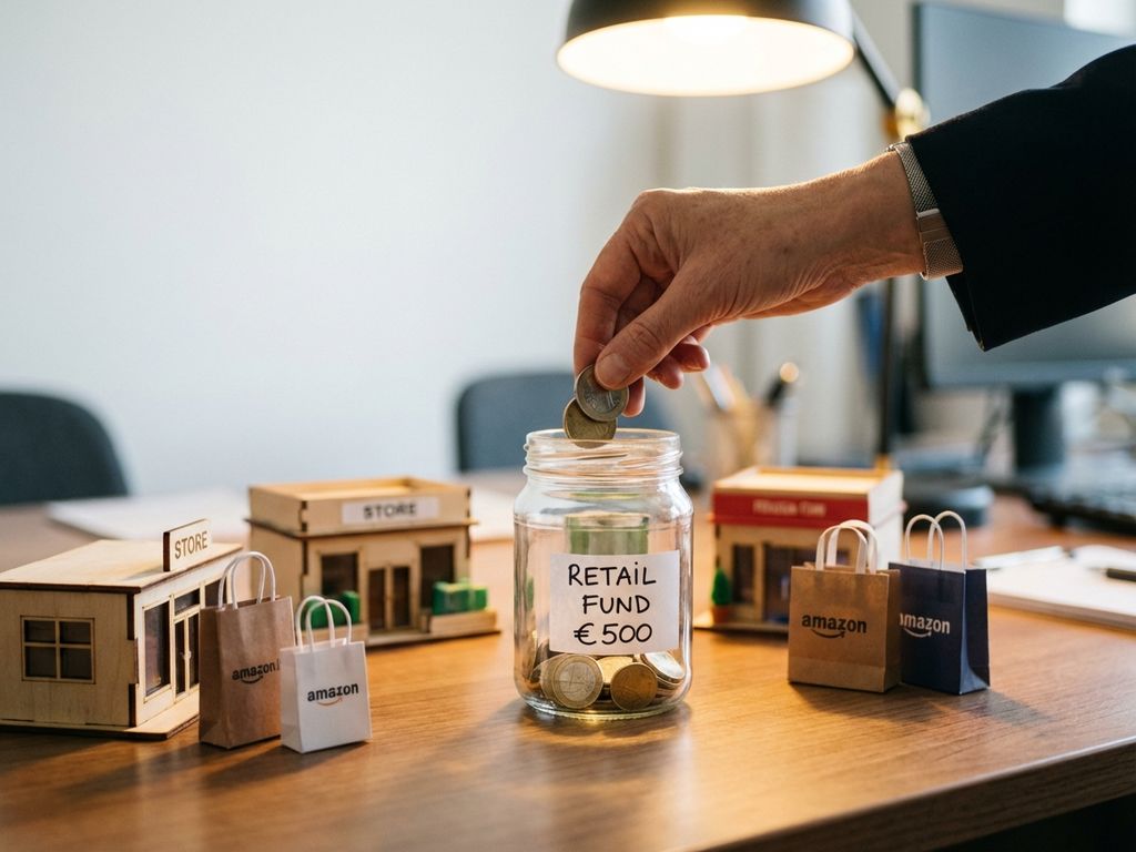 Zakenvrouw plaatst euromunten in glazen pot met prijslabel, omringd door miniatuur winkels op houten bureau