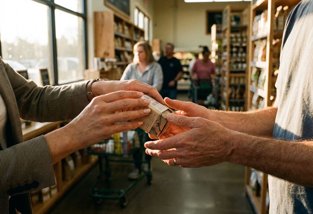 Zakenvrouw overhandigt product aan klant in winkel, warme verlichting, persoonlijke service en klantencontact