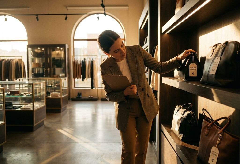 Eigenaar van luxe winkel inspecteert designertassen op houten planken met klembord in moderne retailruimte