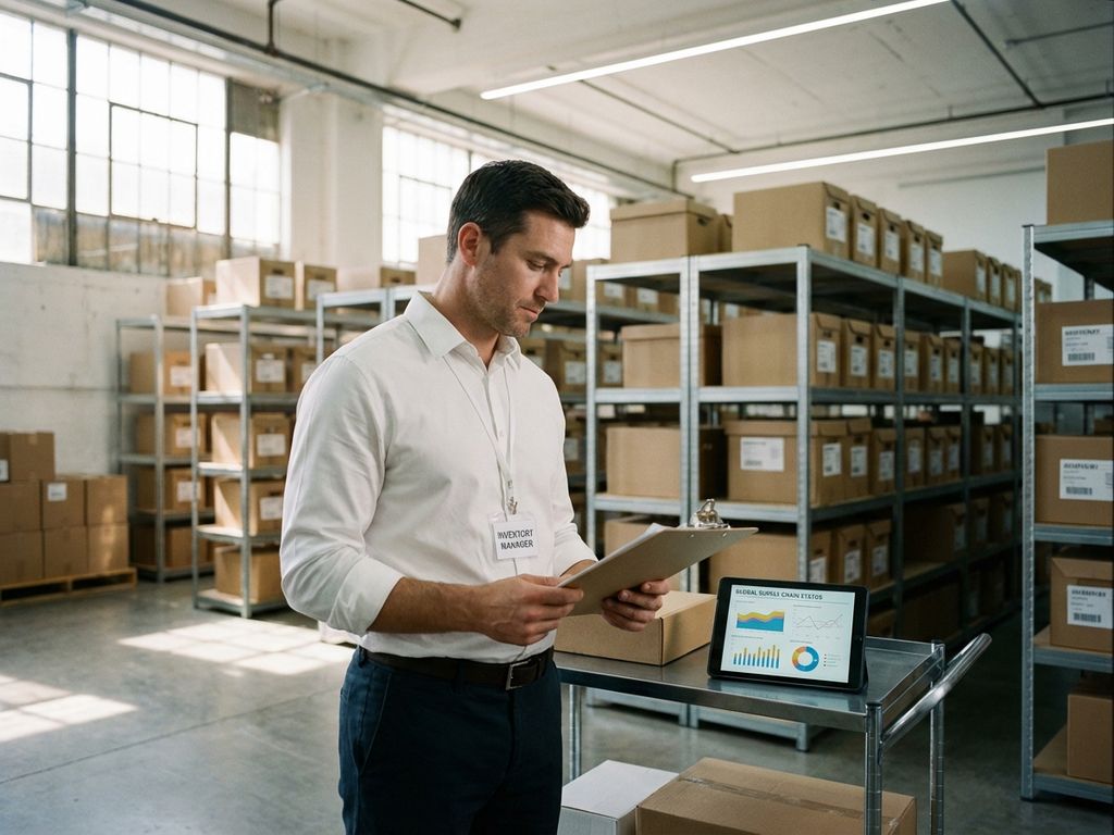 Magazijnmanager controleert voorraadlijst tussen hoge stellingen met kartonnen dozen in moderne warehouse