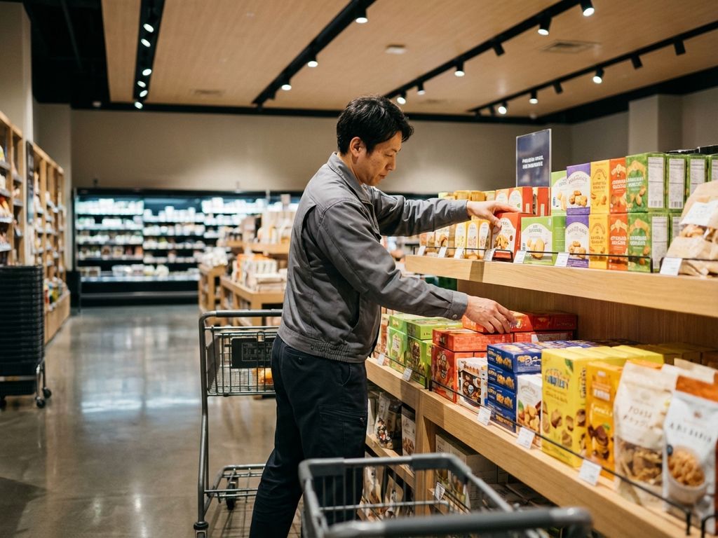 Professionele merchandiser rangschikt kleurrijke producten op ooghogte in moderne winkel met warme verlichting