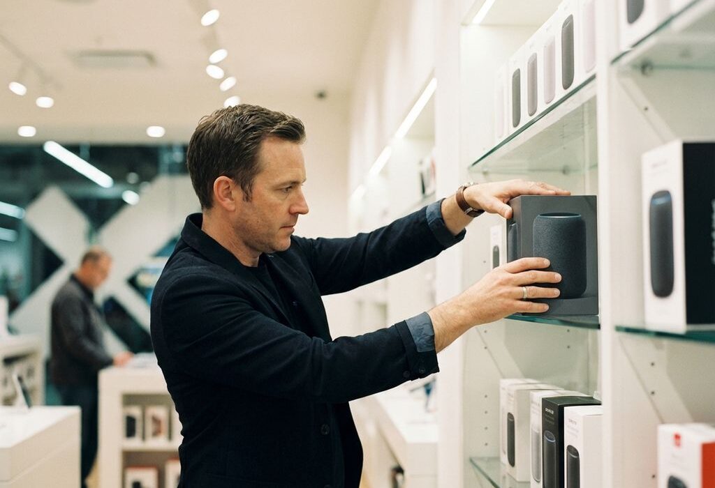 Winkelmanager plaatst elektronisch product op ooghogte in moderne retailwinkel met witte schappen