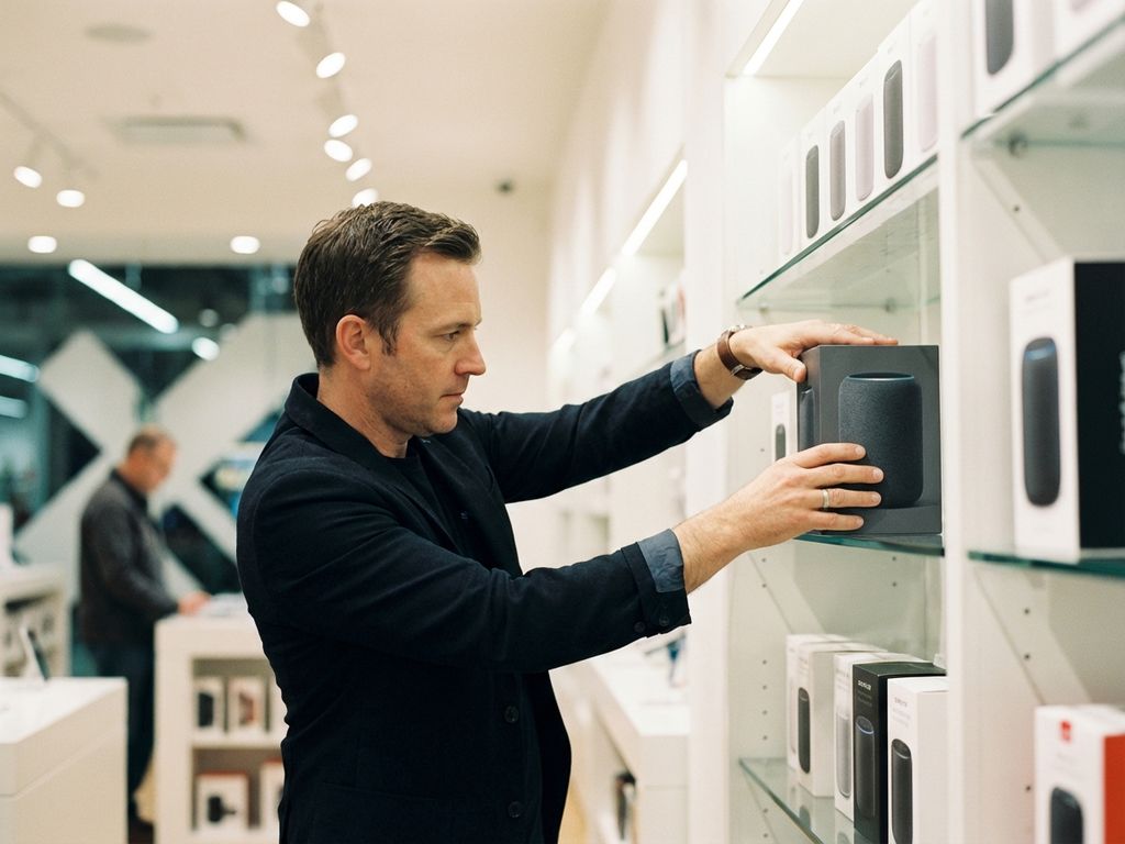 Winkelmanager plaatst elektronisch product op ooghogte in moderne retailwinkel met witte schappen