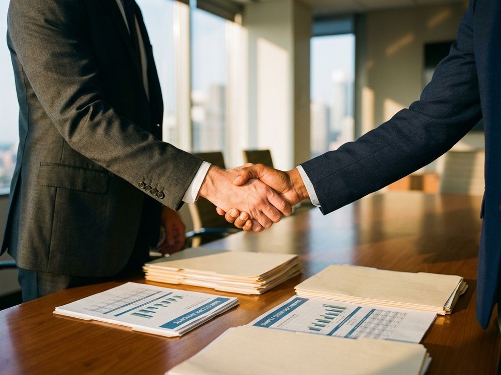 Twee zakelijke executives geven elkaar de hand boven conferentietafel met voorraadrapportages en documenten