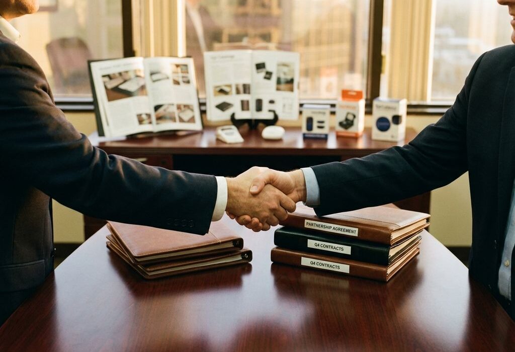 Zakelijke handdruk tussen twee executives aan vergadertafel met contracten en partnerschapsdocumenten
