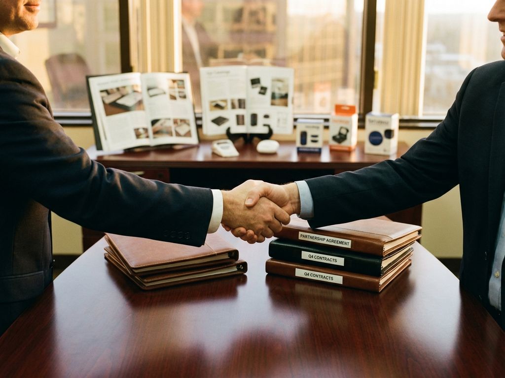 Zakelijke handdruk tussen twee executives aan vergadertafel met contracten en partnerschapsdocumenten