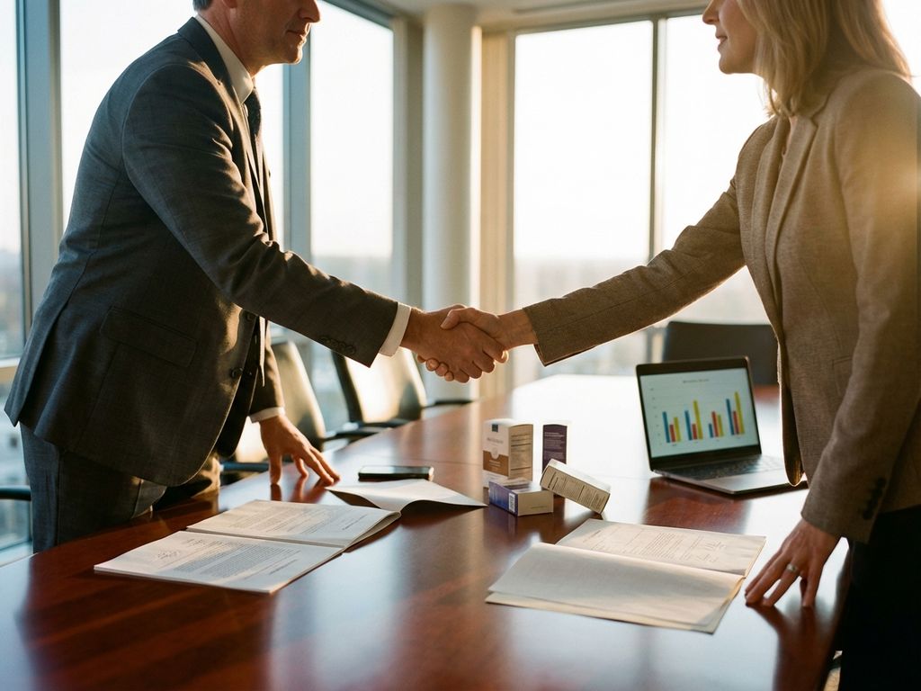 Zakelijke handdruk tussen leverancier en retailmanager aan vergadertafel met contracten en productmonsters