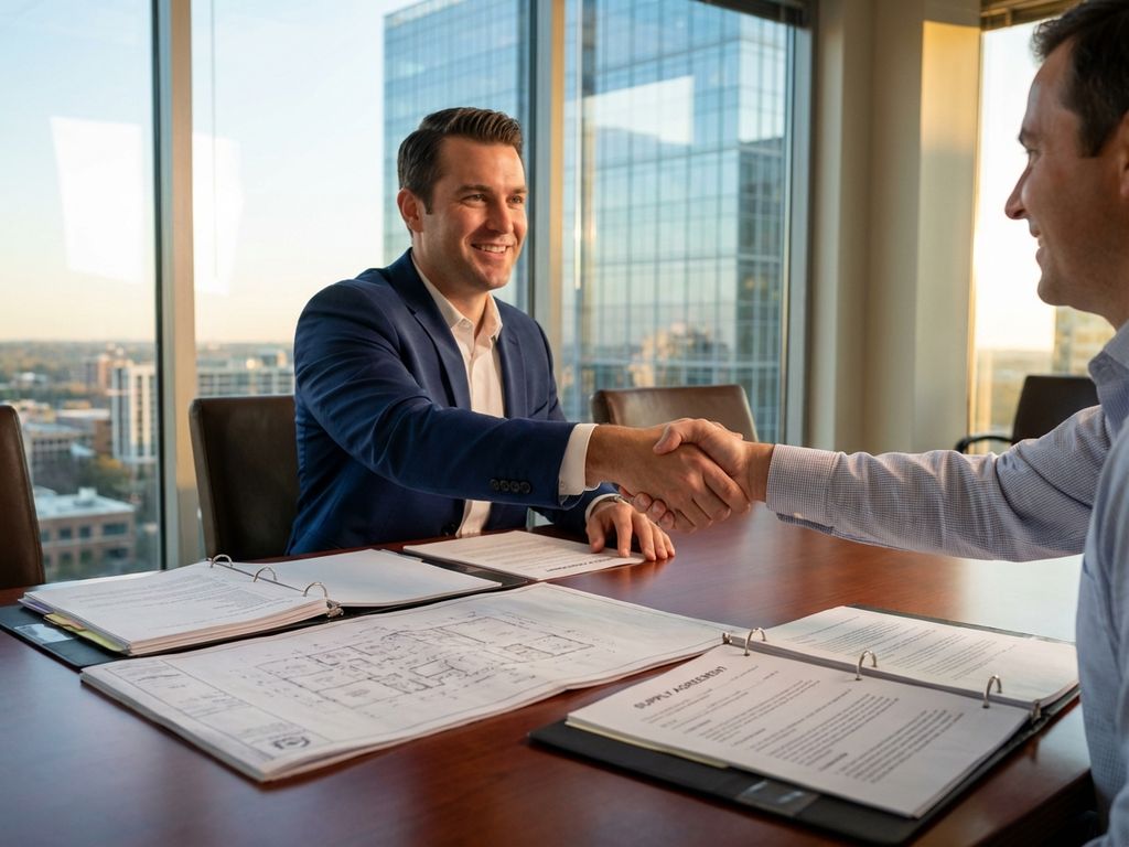 Zakenpartners schudden handen tijdens contractonderhandeling aan vergadertafel in modern kantoor