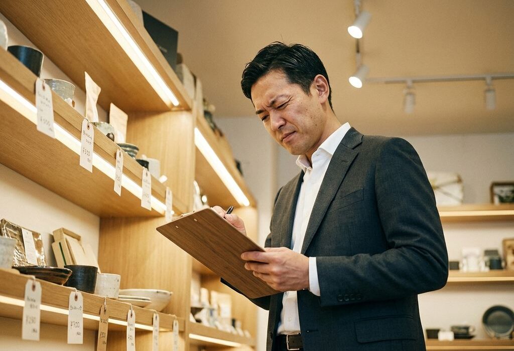 Professionele zakenman in pak controleert productplaatsing op moderne winkelplank met klembord in hand