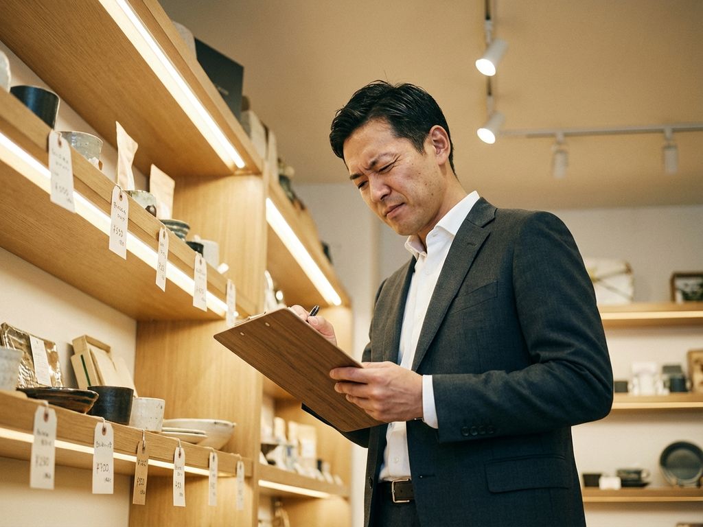 Professionele zakenman in pak controleert productplaatsing op moderne winkelplank met klembord in hand