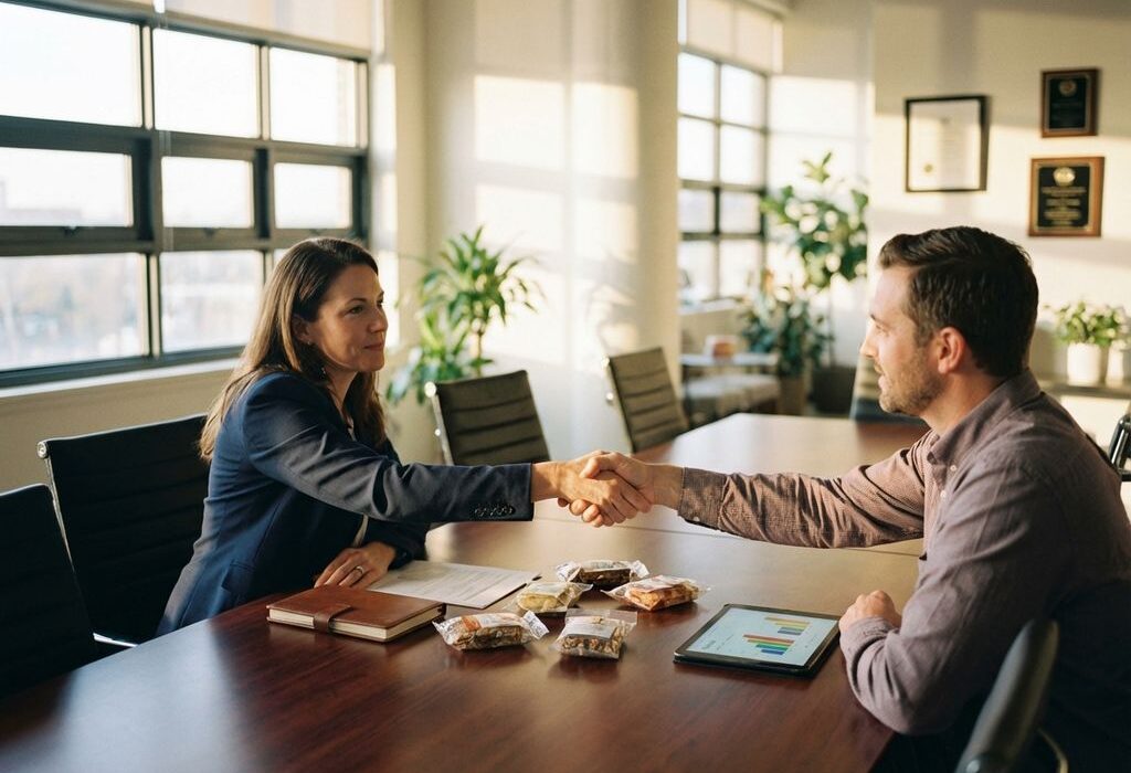 Zakenvrouw schudt handen met winkelmanager over conferentietafel met productsamples en verkoopgrafieken