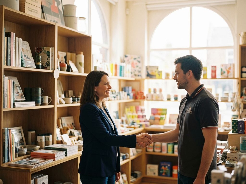 Professionele zakenvrouw schudt handen met winkelmanager voor gevulde schappen in lichte retailomgeving
